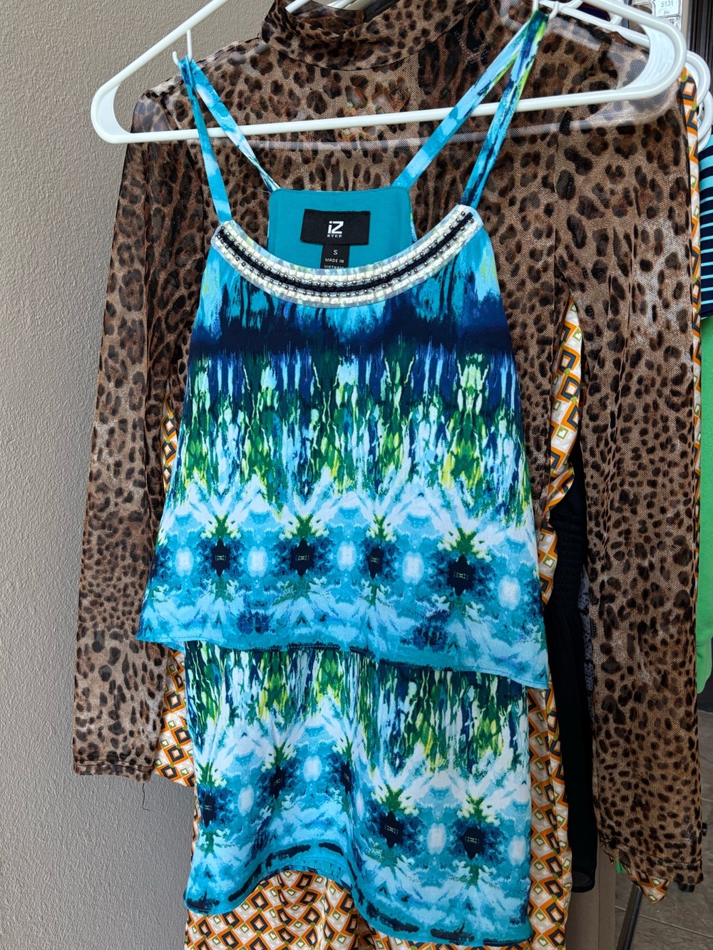 Iz Byer Teal Blue Green Beaded Top